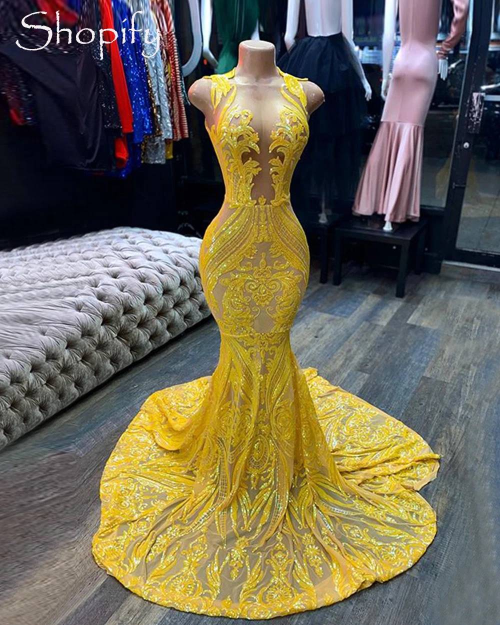 

Long Yellow Prom Dresses 2022 Sexy Mermaid Sheer O-neck Sequined African Black Girls Prom Gala Gowns