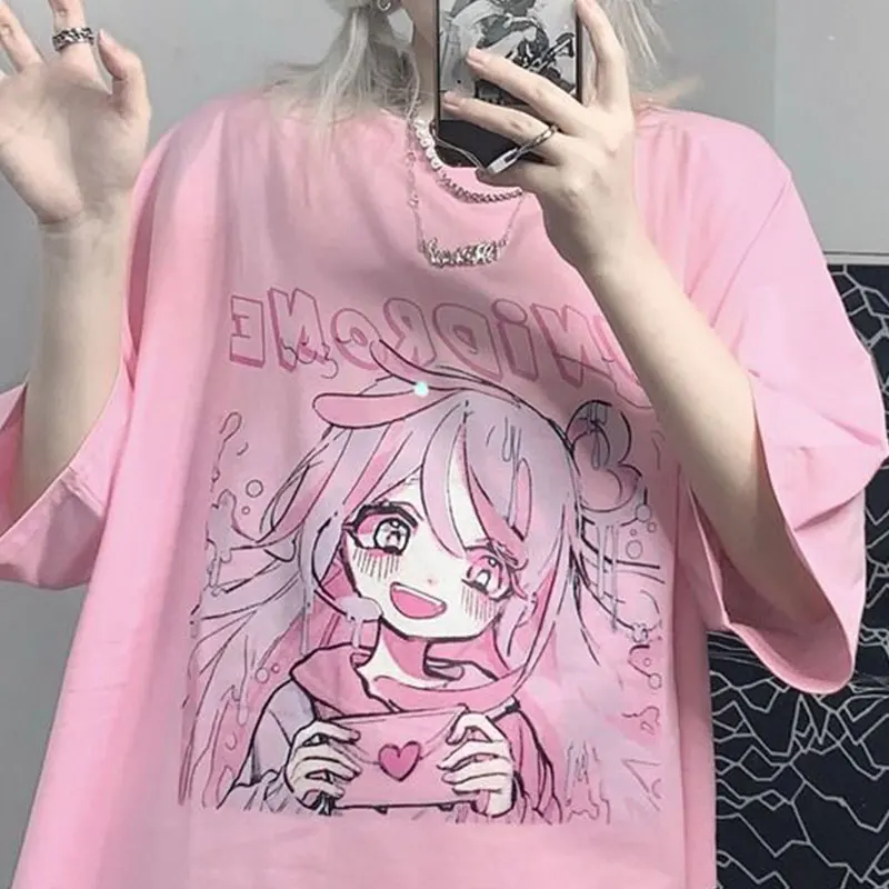 

Ulzzang retro loose summer women's T-shirt Sweet girl cute cartoon Japanese street student Harajuku pink fun kawaii casual top