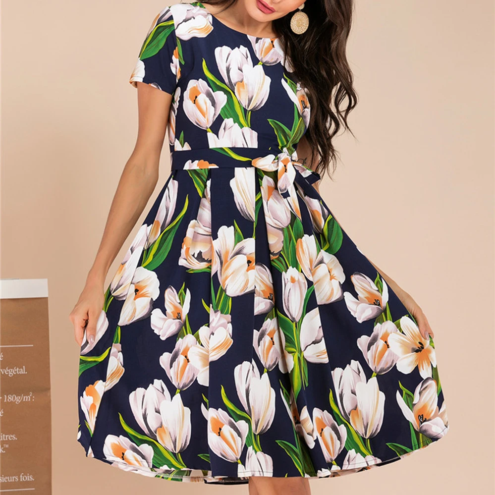 Женское пляжное платье с цветочным принтом Повседневное миди трапециевидной