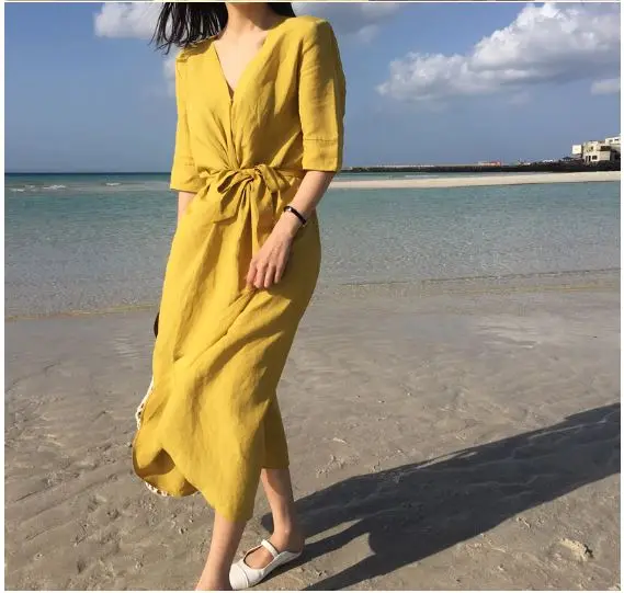 

Obrix Retro Vibe Female Cotton Dress Mid Length V-Neck Half Sleeve Waist Sashes Vintage casual Comfy Dress For Women