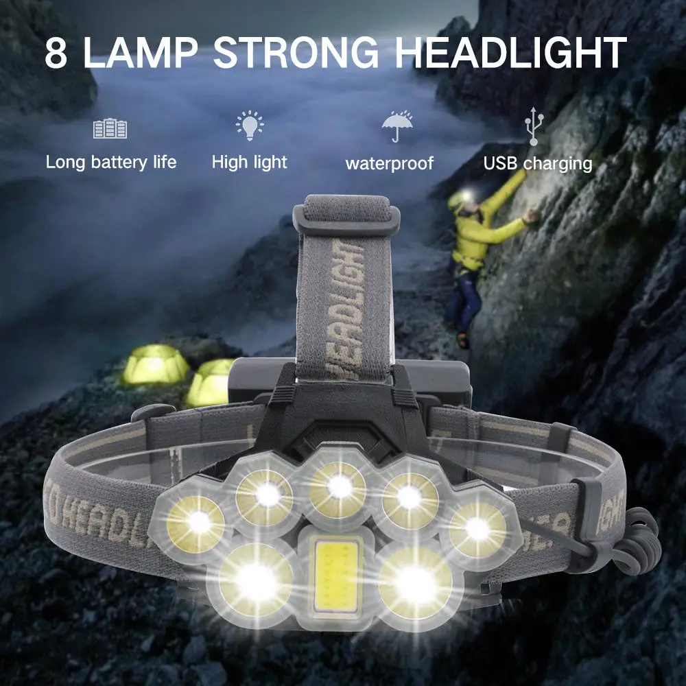 

100000LM 2T6+5XPE+1COB 8LED Headlamp Rechargeable Flashlight USB Headlight 2*18650 6 modes waterproof Ultra Bright Headlamp