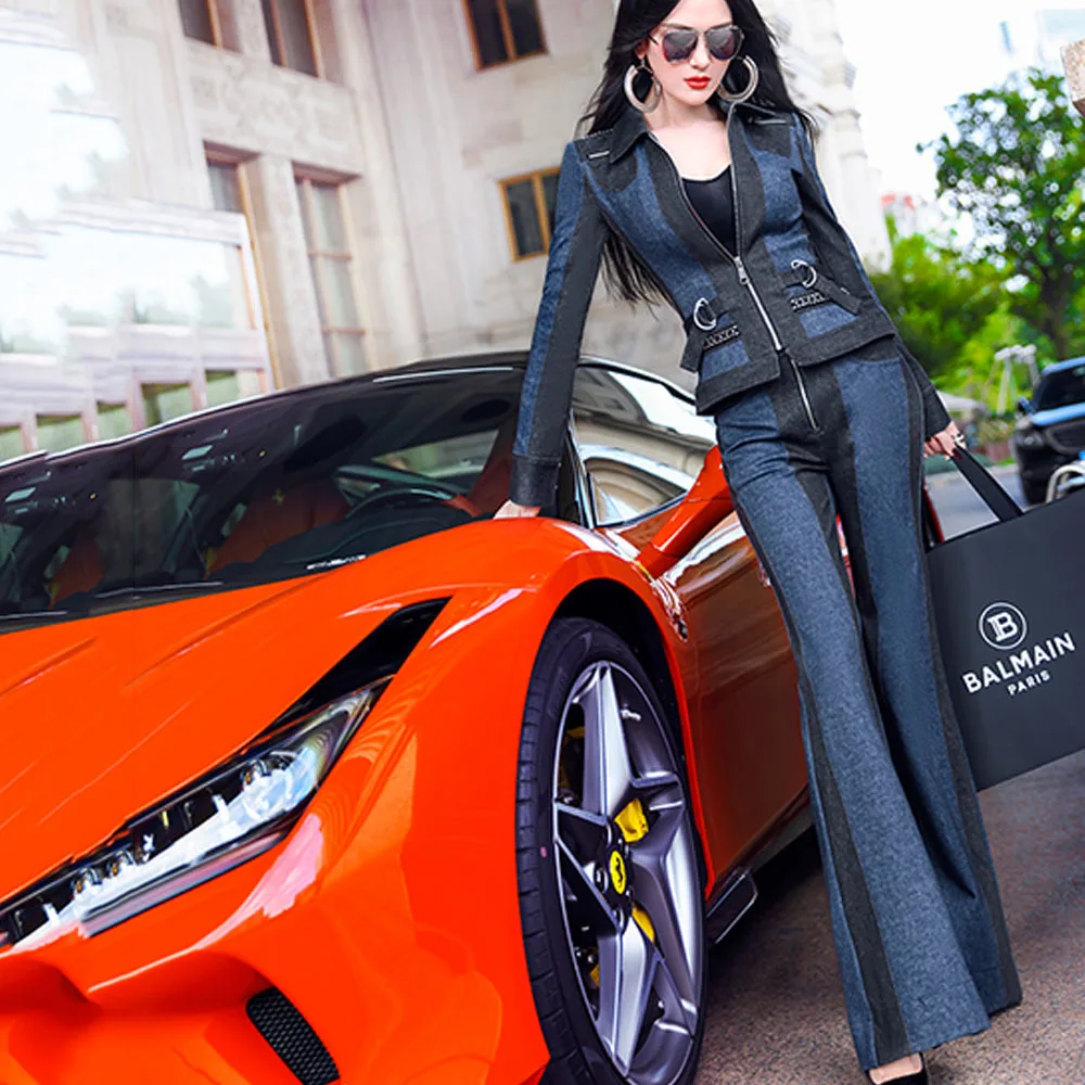 

Autumn Denim Stitching Chic Set Female 2021 New Fashion Handsome Long-sleeve Zip Short Jackets Top Flared Trousers 2-piece Suit