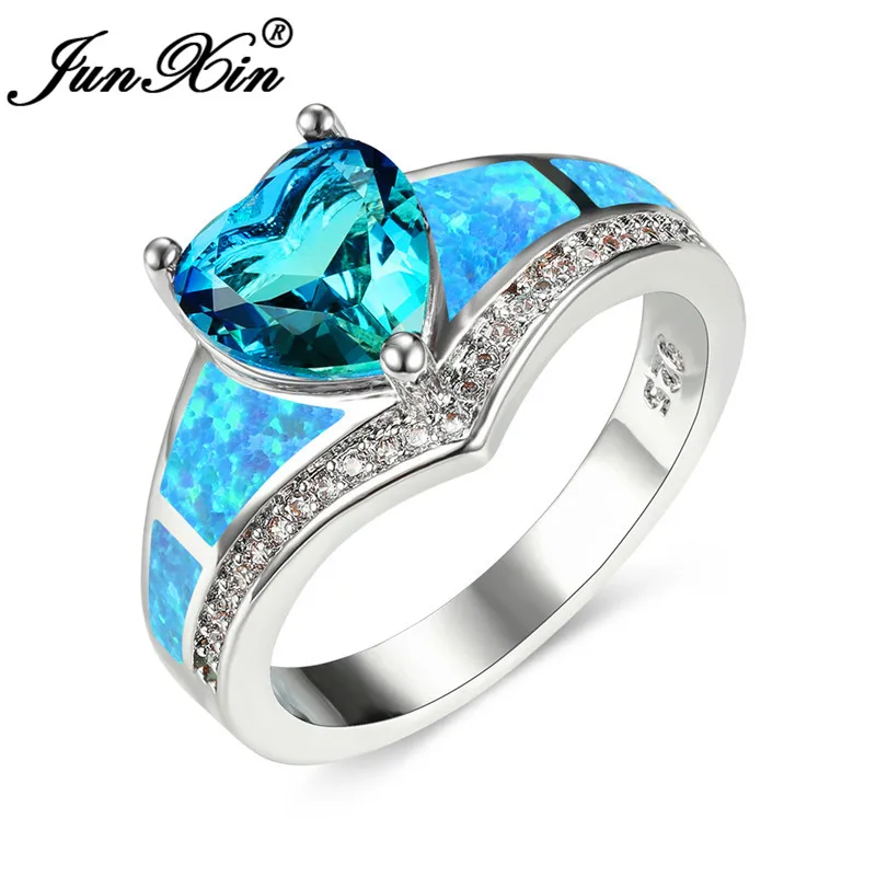 Женское кольцо с голубым огненным опалом обручальное розовым и зеленым цирконом