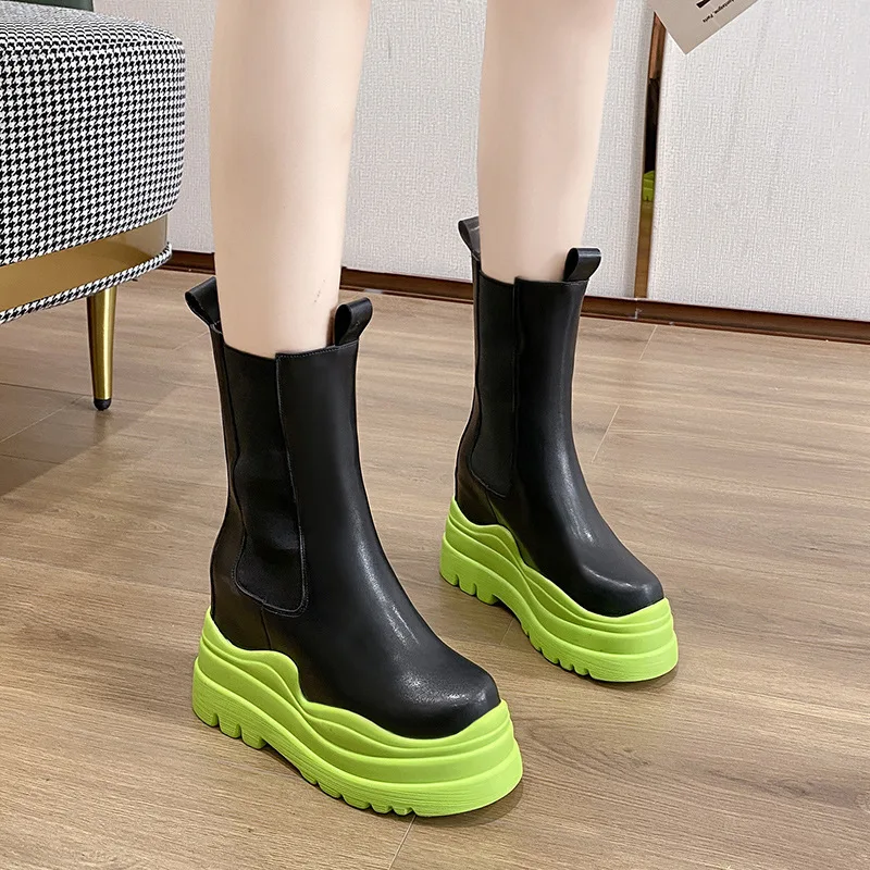 

Женские ботинки челси из искусственной кожи, сапоги до середины икры на платформе со скрытым каблуком, водонепроницаемые ботинки без шнуро...