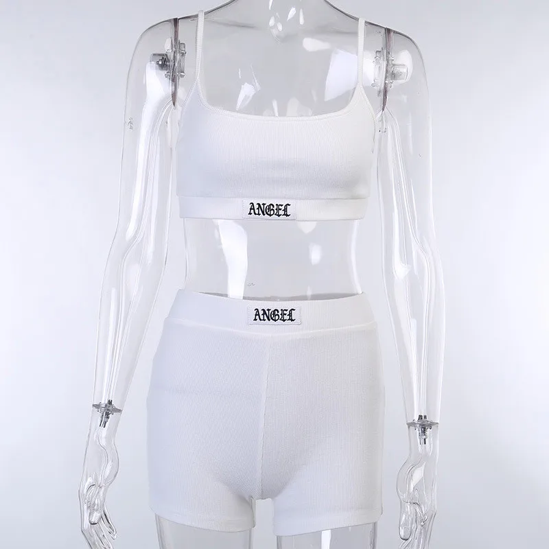

2020 Summer Two Piece Set Women Crop Tops Sport Vest+ Shorts Solid Sleeveless Casual Fashion Tracksuit Women Streetwear suits