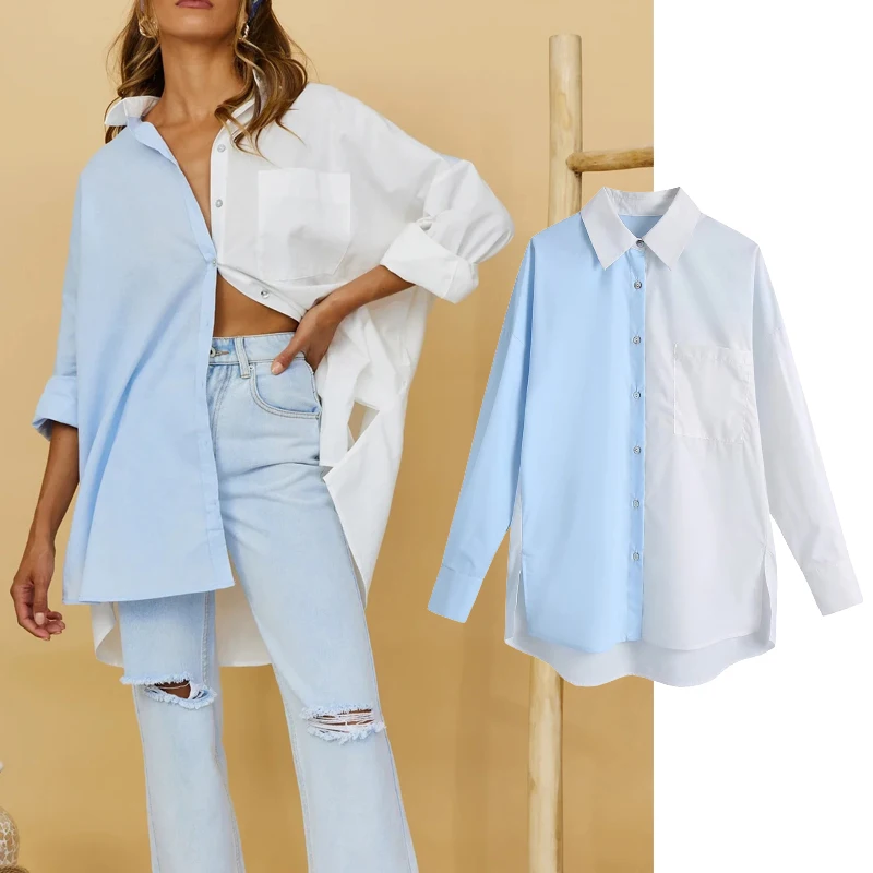 

Za 2022 new women's fashion splicing top shirt retro lapel long-sleeved button casual top Blusas Chic top office clothing women