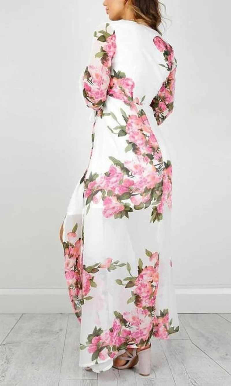 

Sexy High Slit Open Chest Low V-neck Long Sleeve Chiffon Long Dress Maxi Dresses for Women