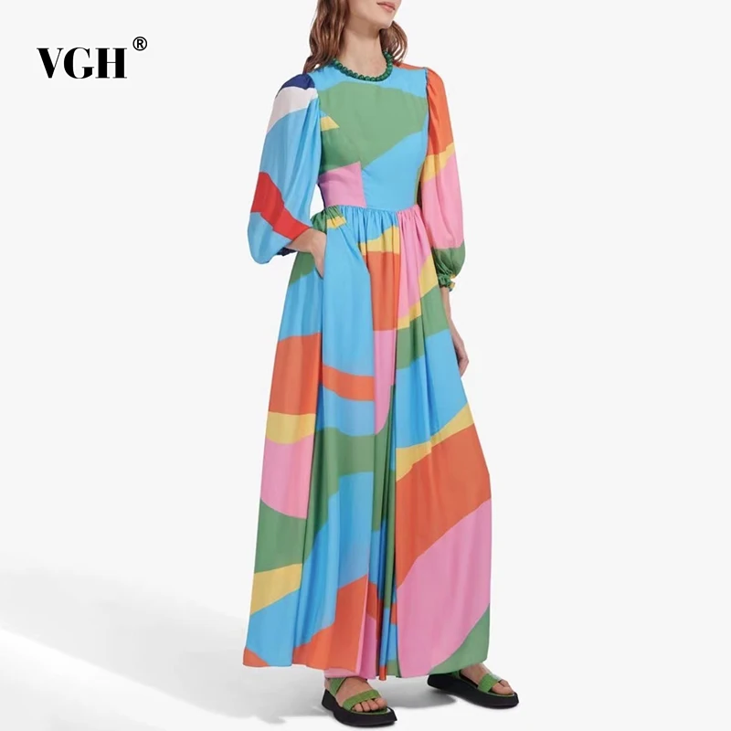 

VGH Casual Print Colorblock Long Dress Female Round Neck Lantern Long Sleeve High-waisted Maxi Dresses For Women 2021 Spring New