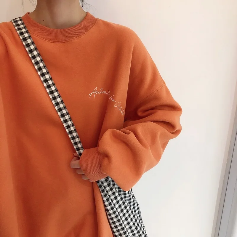 

Hoodies Women No Hat Sweatshirts Pullover Embroidery Loose Simple Korean Fashion Style O-neck Students Streetwear Casual Thicken