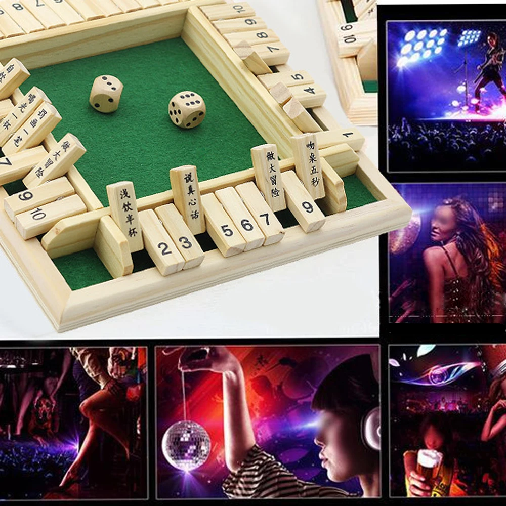 

Deluxe Four Sided 10 Numbers Shut The Box Board Game Set Dice Bar Party Drinking Games for Adults Families Home Entertainment