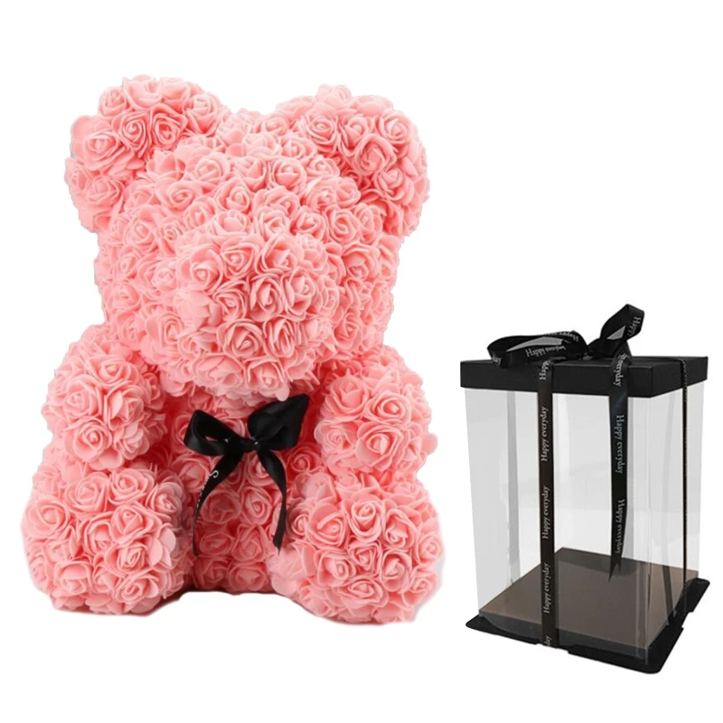 

40cm Rose Flower Bear with Gift Box Valentines Day Gift for Girlfriend Birthday Anniversary Wedding Home Decorations