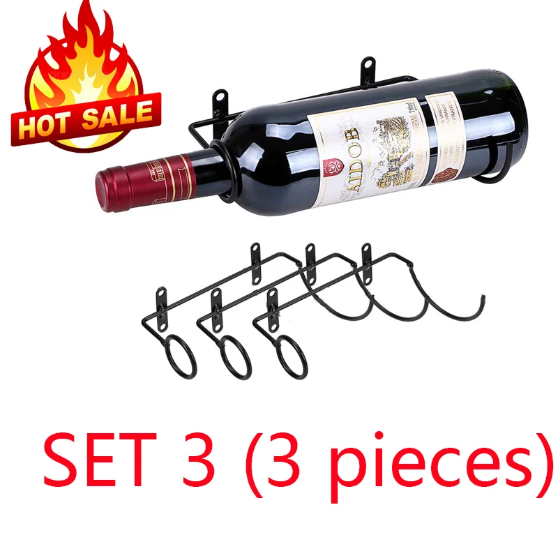 

Set of 3 Wrought Iron Simple Hot Sale Wine Rack Wall Hanging Wine Holder With Screw Bottle Display Stand Bar Accessory