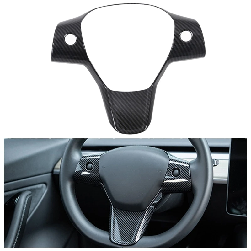 

Чехол для автомобильного интерьера Tesla Model Y 2021, из углеродного волокна, АБС, защитная рамка на руль, накладка, аксессуары для отделки