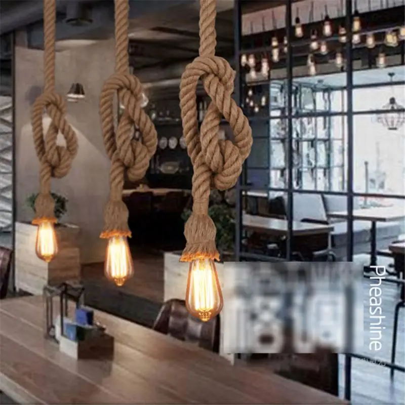 

Hemp Rope Chandelier Retro Industrial Style Creative Vintage Nostalgic Decorative Lamps For Bar Coffee Restaurant Clothing Store