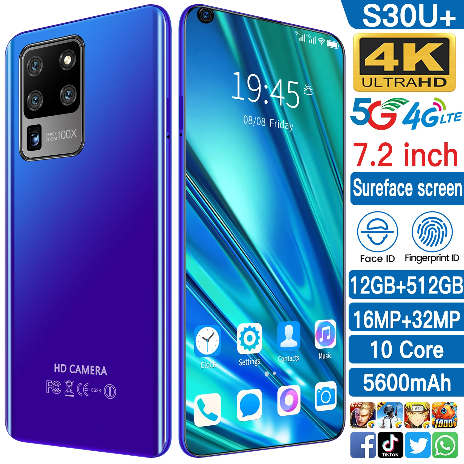 

S30U Plus смартфон с 5,5-дюймовым дисплеем, десятиядерным процессором MTK 7,2, ОЗУ 16 ГБ, ПЗУ 10,0 ГБ, Android 512