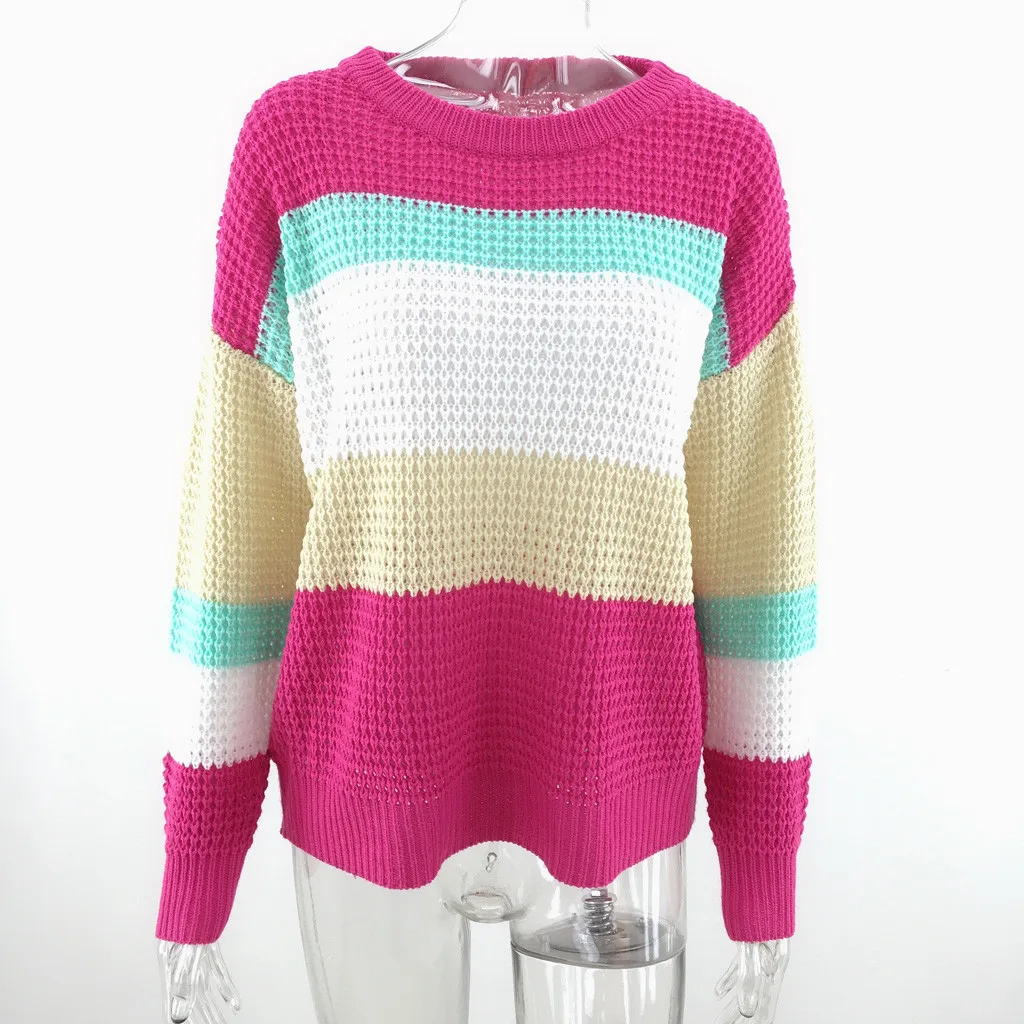 

2020 Autumn Women's Clothing Long Sleeve Women's Stripes Patchwork O-neck Sweaters Ladies Knitted Tops Fall Elegant Vest #1