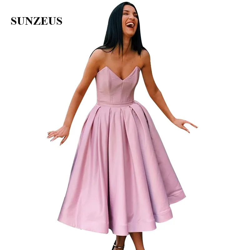 

A-line Sweetheart Strapless Tea Length Prom Dresses Simple Pink Satin Party Gowns Elegant Women vestido de gala