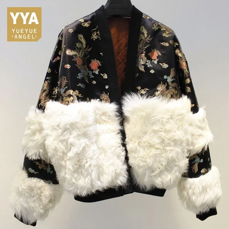 New Chinese Style Embroidery Printing Natural Sheep Shearing Real Lamb Fur Coats Women 2020 Fashion Autumn Winter Jackets Female | Женская