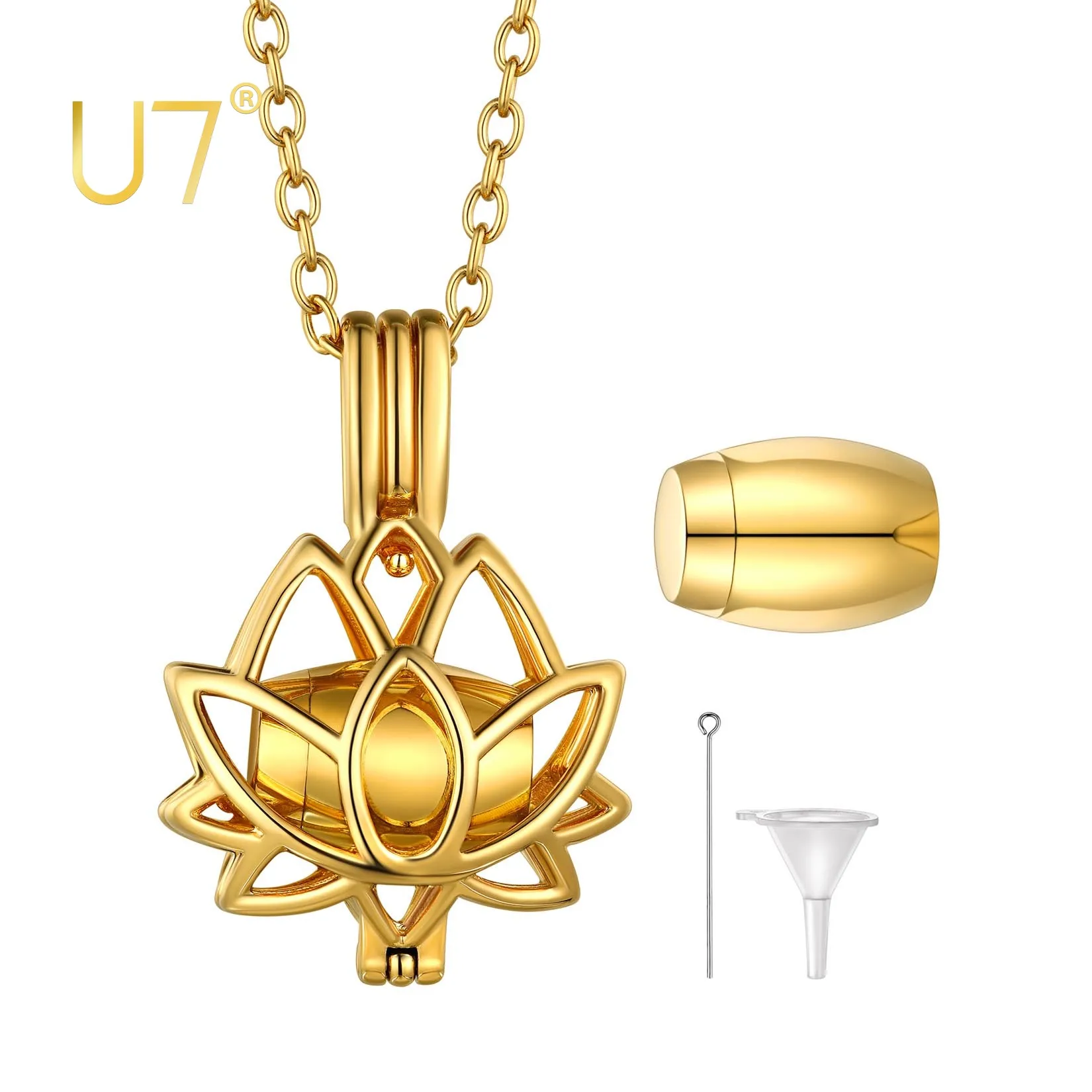 

U7 Urn Pendant Necklace Stainless Steel Gold Plated Lotus Flower Cremation Jewelry for Urn Ashes