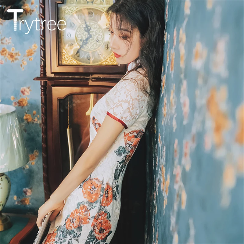 Trytree/осеннее женское платье повседневный кружевной воротник стойка принт футляр