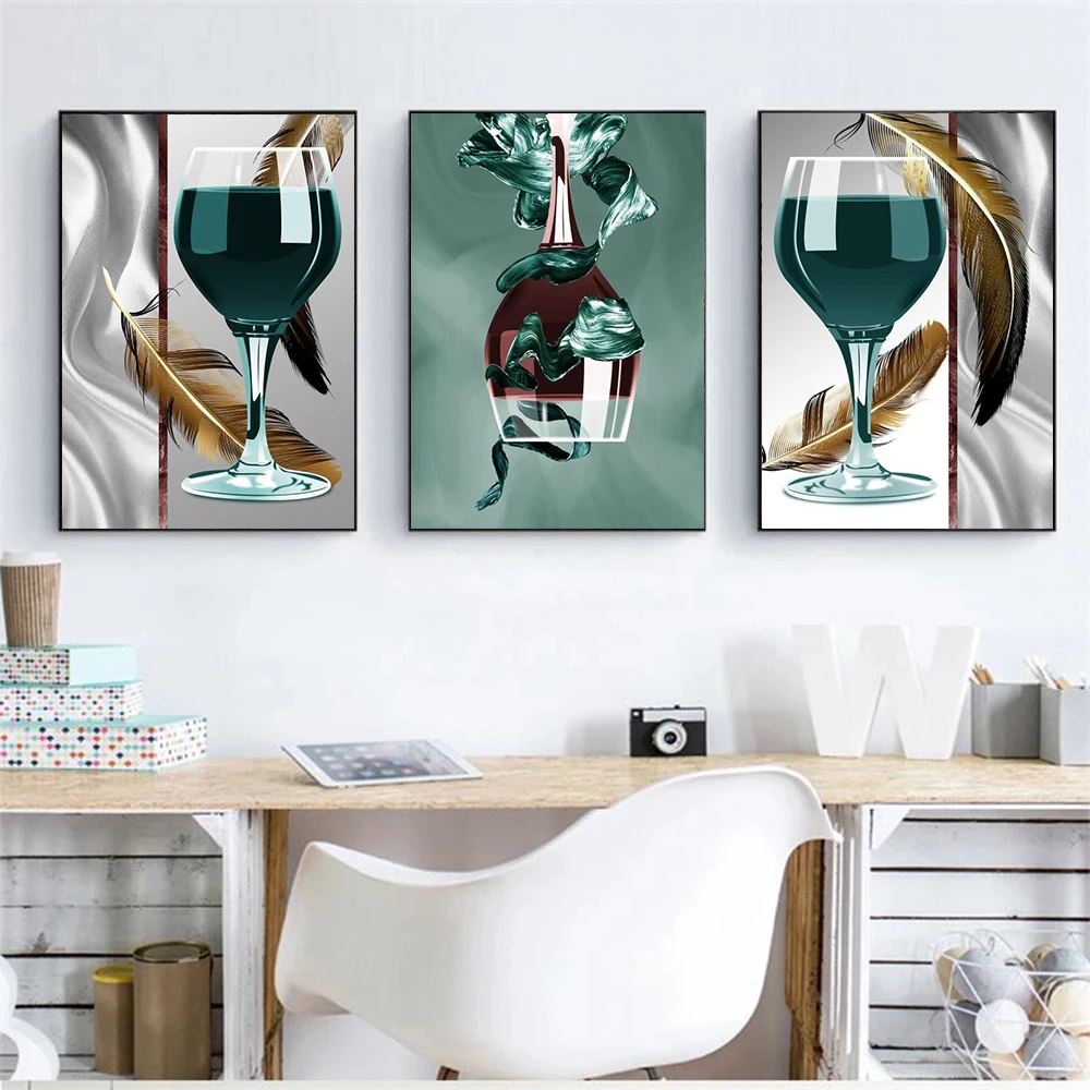 

Wine Glass With Feather Canvas Prints Paintings Nordic Abstract Dining Room Kitchen Decoration Posters Modern Wall Art Picture