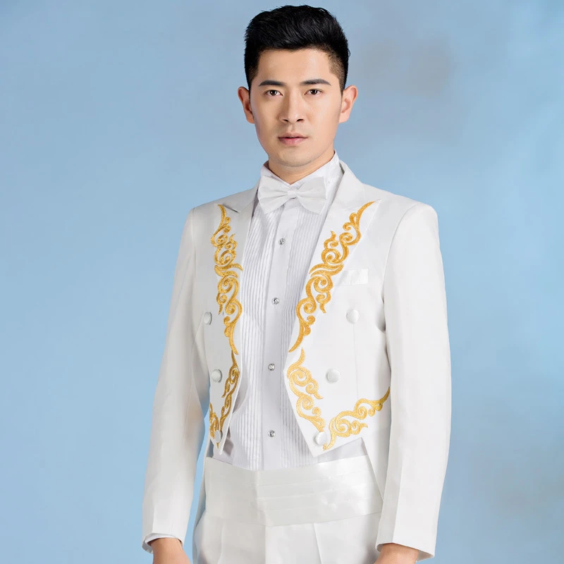 

PYJTRL New Male Gold Silver Embroidery Lapel Tail Coat Stage Singer Groom Black White Wedding Tuxedos For Men Costume Homme