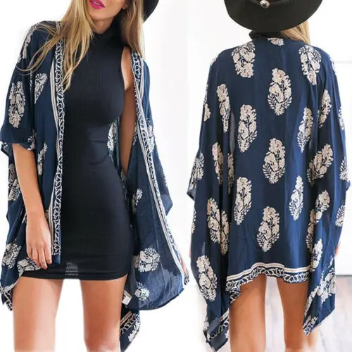 

Women Kimono Cardigan Boho Floral Loose Long Sleeve Bikini Cover Up Blouses Top.
