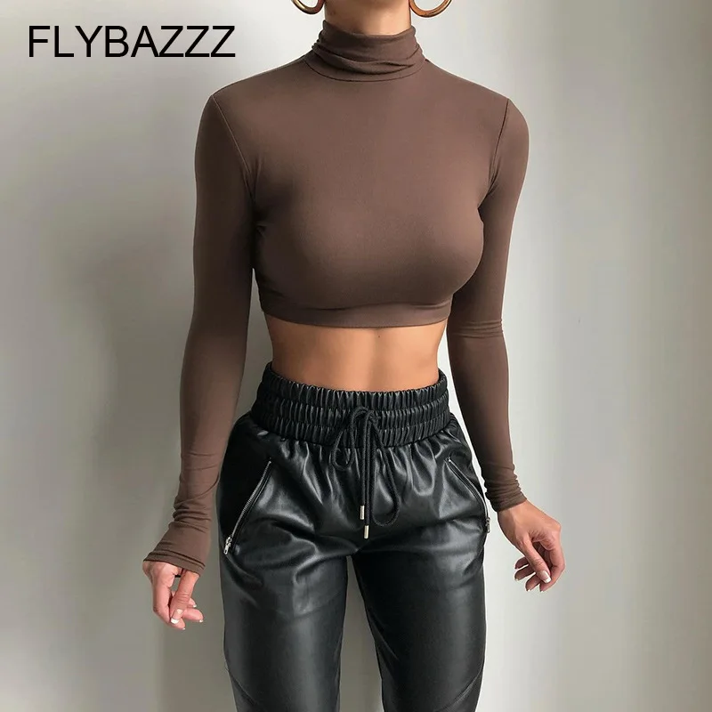 

Autumn Solid Stretchy Bodycon T-Shirts Women Turtleneck Long Sleeve Casual Streetwear Crop Tops Skinny Slim Female Basic Tees