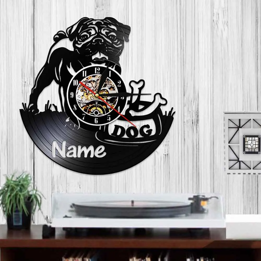 Мопса Искусство настенные декоративные часы на заказ имя собаки виниловая