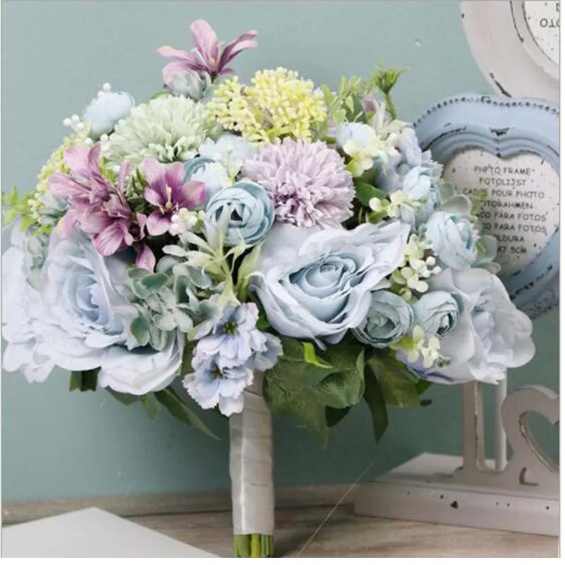

DIY 2020years Handmade Sky Blue holding flowers Wedding bridesmaids decorate bouquets Beautiful romantic proposal bouquet