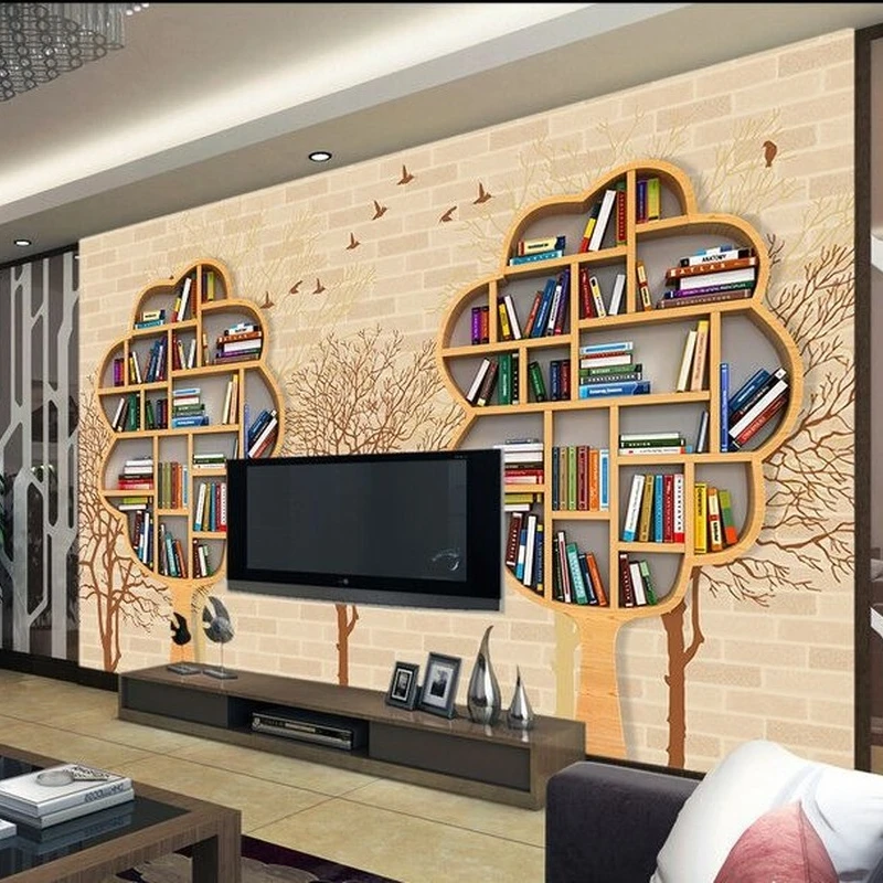 New 8D Large bookcase Mural Bookshelf 3d Bricks Wallpaper 3D Wall paper for Living Room Sofa TV Background | Обустройство дома