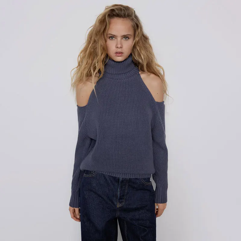 

Женский вязаный свитер с вырезом на плечах, водолазка с длинным рукавом, пуловер с открытыми плечами, винтажный Вязаный топ на осень и зиму, ...