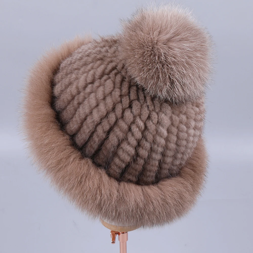 SUPPEV&STTDIO Real Mink Fur Hat Women Winter Knitted Fur Beanies Cap Fox Fur Poms Brand New Thick Female Hats  Cap Elastic Warm