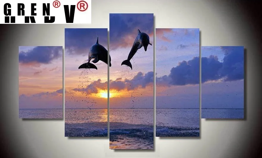 

GREN 5 панелей картина "закат" у моря модульные фотообои с дельфинами Настенная картина для гостиной домашний декор