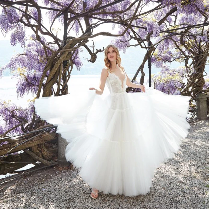 

V Neck Sleeveless Wedding Dresses 2021 Lace Open Back Tulle Vestido De Noiva A Line Sweep Train Cheap Lace Bridal Gowns
