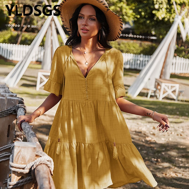 

2021 Summer Dresses Women'S Sun Dresses Fashion Casual Sleeves Short Undershirt Women'S Bohemian V-Neck Party Shirt Women