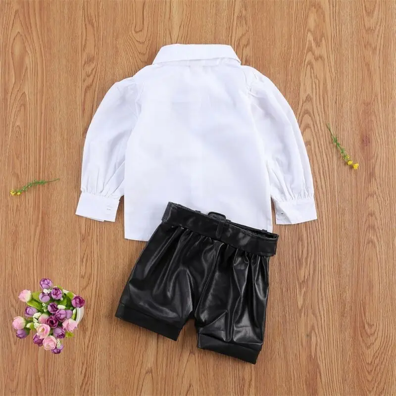 

Toddler Kids Baby Girl Clothes Set Shirt Tops PU Leather Shorts Summer Outfits