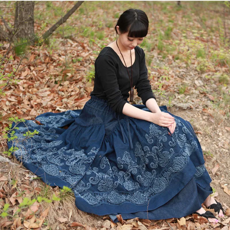 Женская длинная джинсовая юбка-пачка Повседневная винтажная юбка из денима в