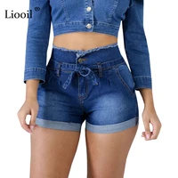 liooil casual blue denim high waist shorts women clothes 2022 streetwear cotton lace up sexy slim rave jean shorts with pockets