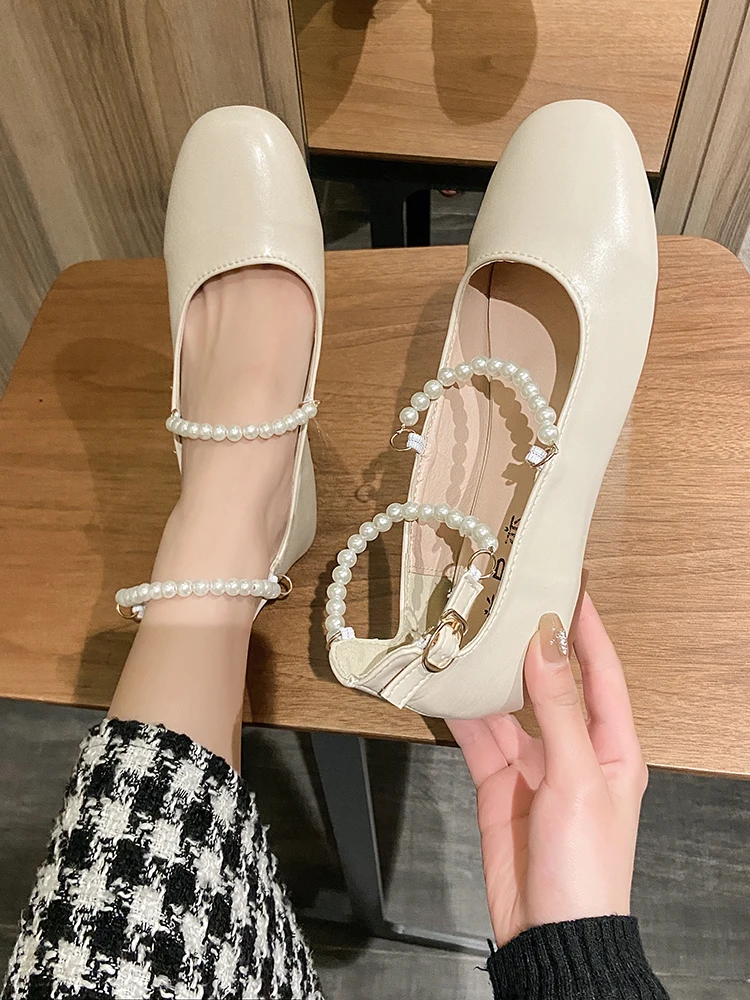 

Single Shoe Women's Flat Bottom Mary Jane Shoes Woman Solid Sweet String Bead Women's Ballet Flats Shoes Sandalias Mujer Flats