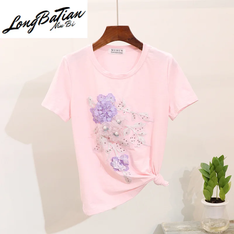 

Женская футболка с коротким рукавом, свободная летняя футболка большого размера с вышивкой из бисера и цветов