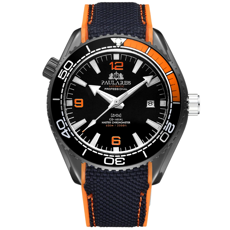 Black Orange Black Мужские автоматические механические холщовые часы с резиновым ремешком James Bond 007, стильные оранжевые, синие, красные классические часы с вращающейся рамкой - Цвет: Black Orange Black