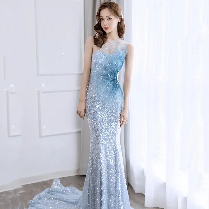 Korean Style Evening Dress For Women Backless Sequined A-Line Elegant Party Gowns Court Train Embroidery Slim Celebrity Dresses