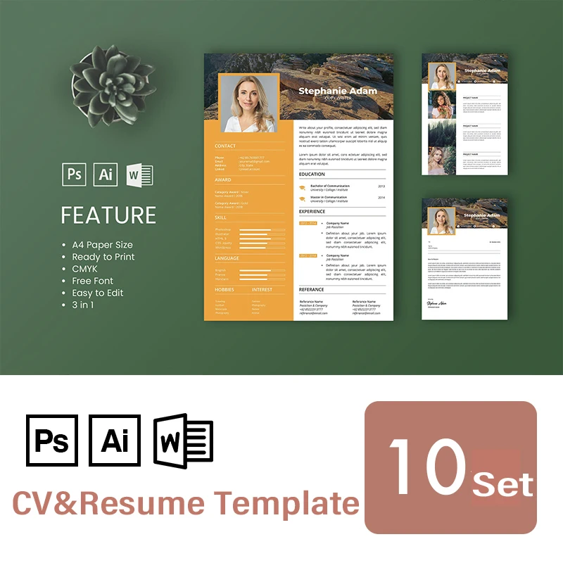 

10 Sets of CV Resume Template with Cover Letter for Word Indesign and Photoshop for PSD Ai