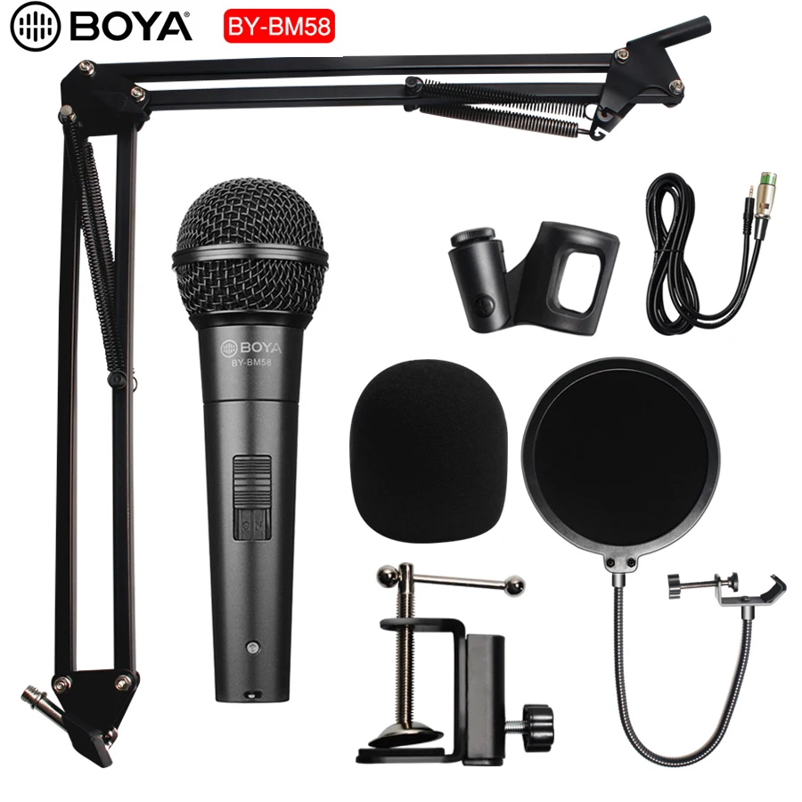 

BOYA BY-BM58 Студийный конденсаторный микрофон 6,35 мм Выход комплект с регулируемой Ножничные подставка амортизационной подвеской для YouTube голос...