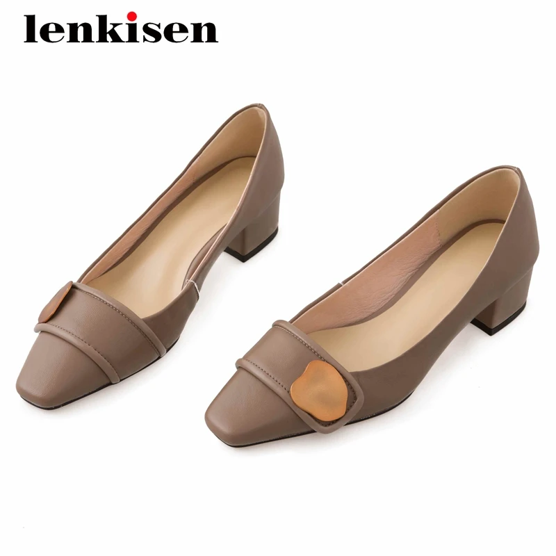 

Lenkisen big size simple style full grain leather metal decorations all-match square toe thick high heel slip on women pumps L11