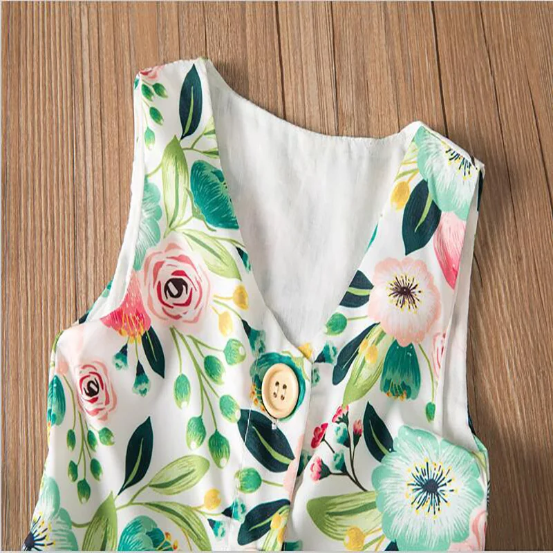 Summer Clothing New Style Sleeveless Clothes Printed Children's Dresses With Buckle For Girls Dress Green Leaf Flower Baby Skirt | Детская