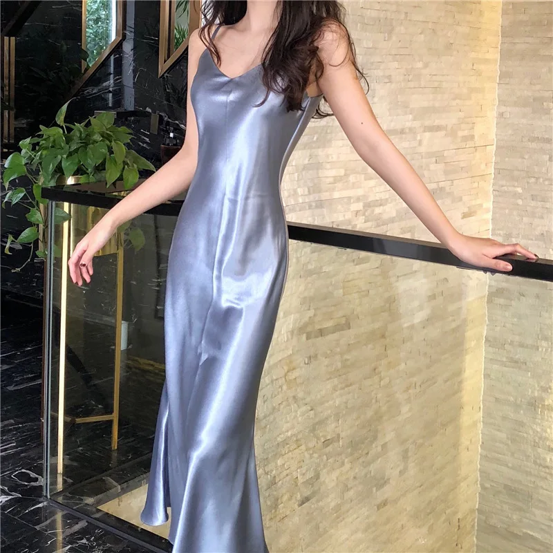 Women Satin Sleeveless Nightgowns Dress Ladies Summer V-Neck Fishtail Design Long Dress Suspender Sexy Solid Color Party Dresses