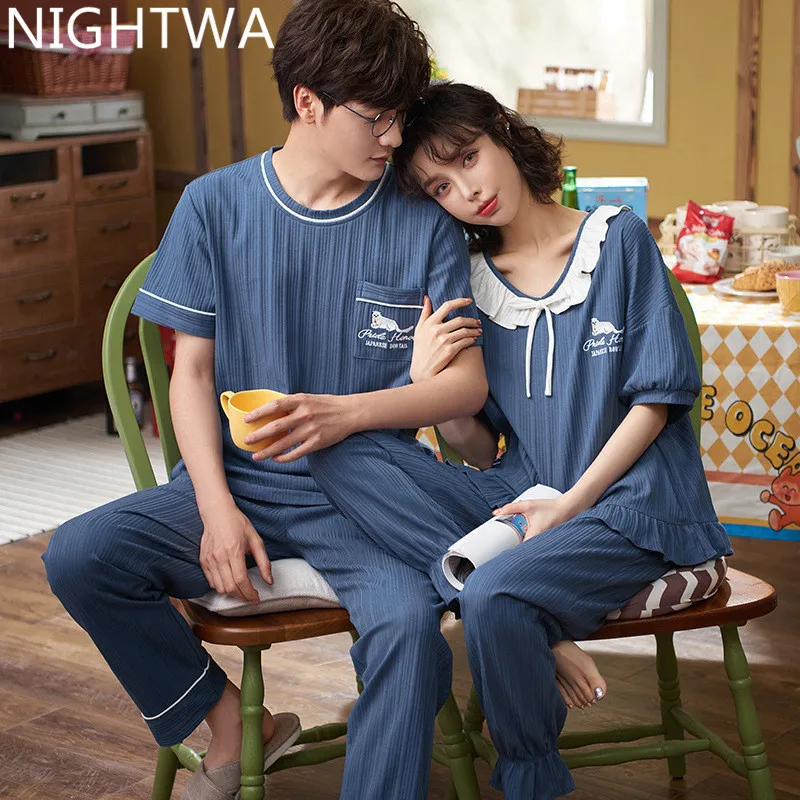 

NIGHTWA Summer Knited Cotton Couple Pajama Sets Summer Print Pijama Couple Short Sleeve Men's Sleepwear O-neck Female Pyjamas