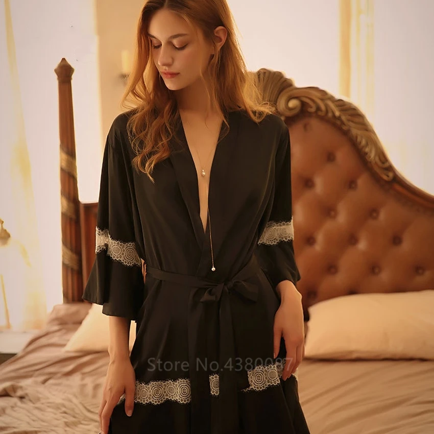 

Women Pajama Sleepwear Cardigan Japanese Kimono Bathrobe Lace Splice Sexy Woman Korean Fashion Clothing Dress Satin Robes